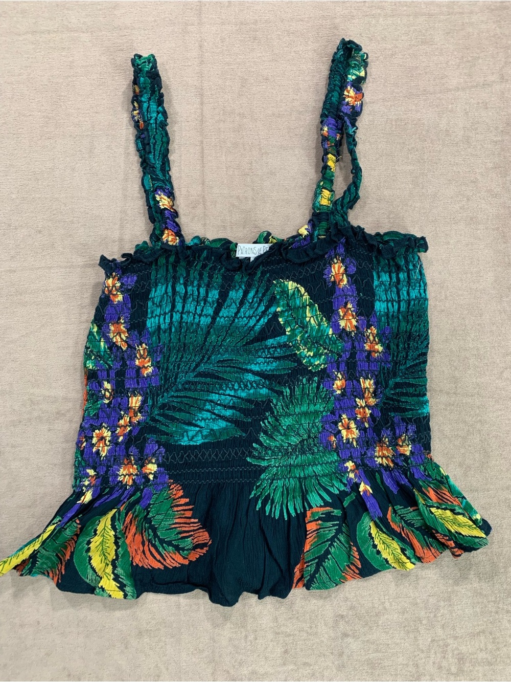 Patrons of Peace Tropical Shirred Peplum Tank Top - Navy & Multicolored - Size M